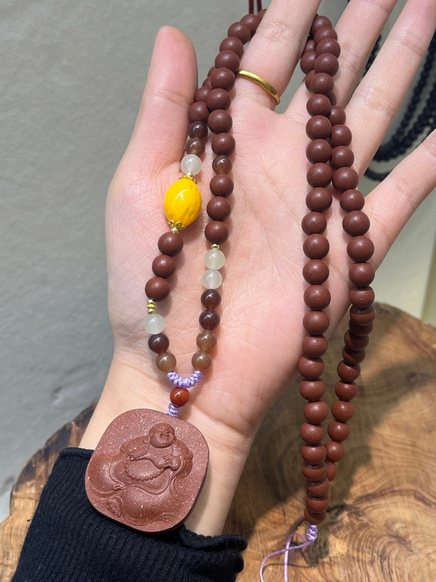 Compassionate Maitreya Bracelet with 78 beads (8mm Moon-Line), Hetian Sugar Jade, Powdered Jade, & Nanhong Red Agate